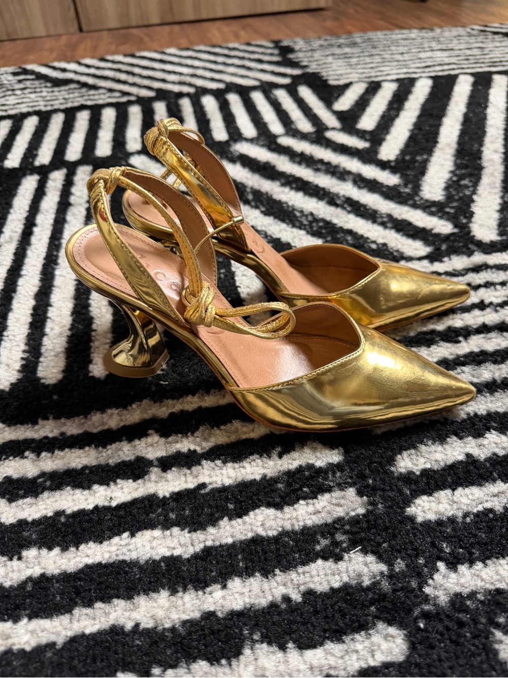Anthropologie Metallic Gold Pointed-Toe Ankle-Tie Heels - Picture 4 of 7